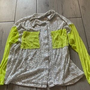 Sequin Button-Up Shirt with Neon Sleeves